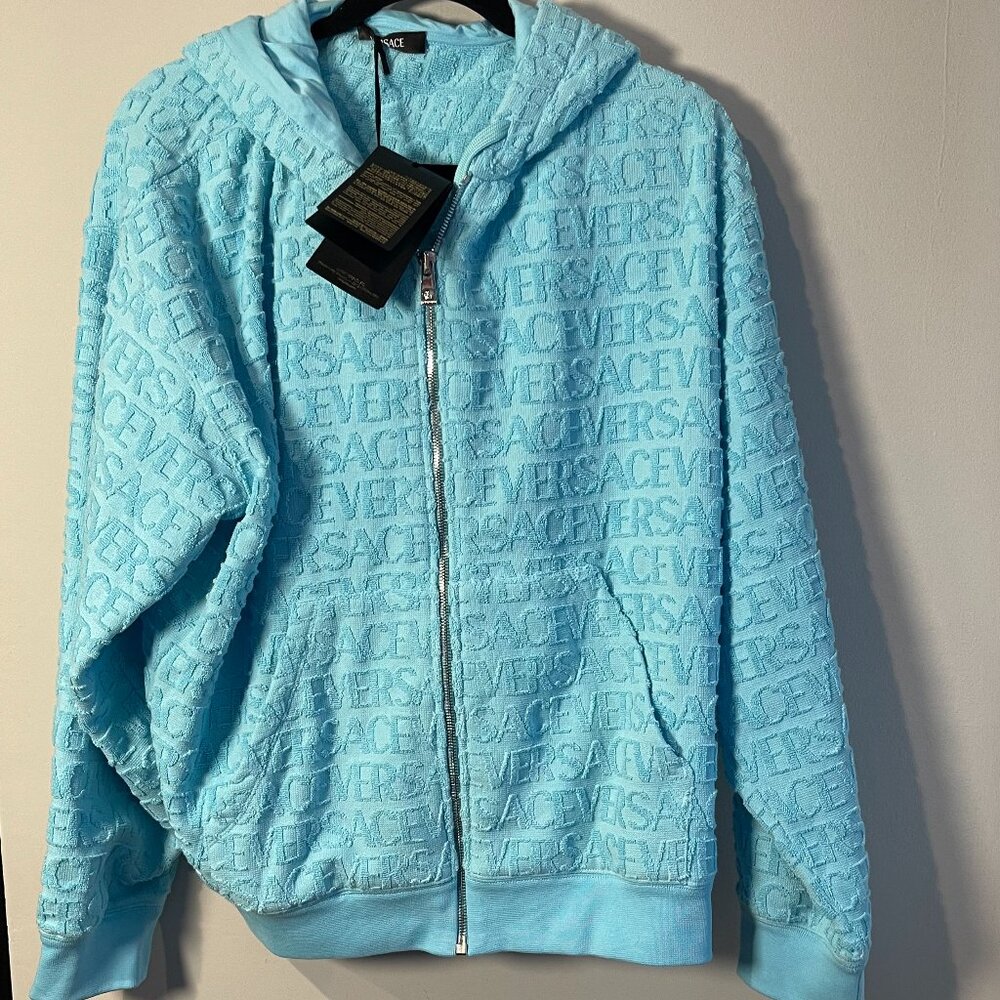 Versace Allover Towel Full-Zip Hoodie in Light Blue - Large - IT44 - NWT